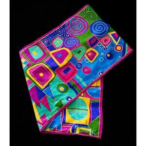 Vintage 100% Silk Scarf Bright Abstract Geometric Retro 90s Statement Japan Long